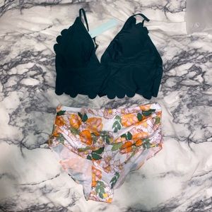 Dressfo Low Cut Floral Print Scalloped Tankini